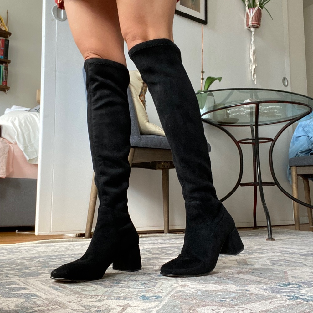 Jonak Paris Over-the-Knee Black Suede block heel Boots Classic Women's Style 38